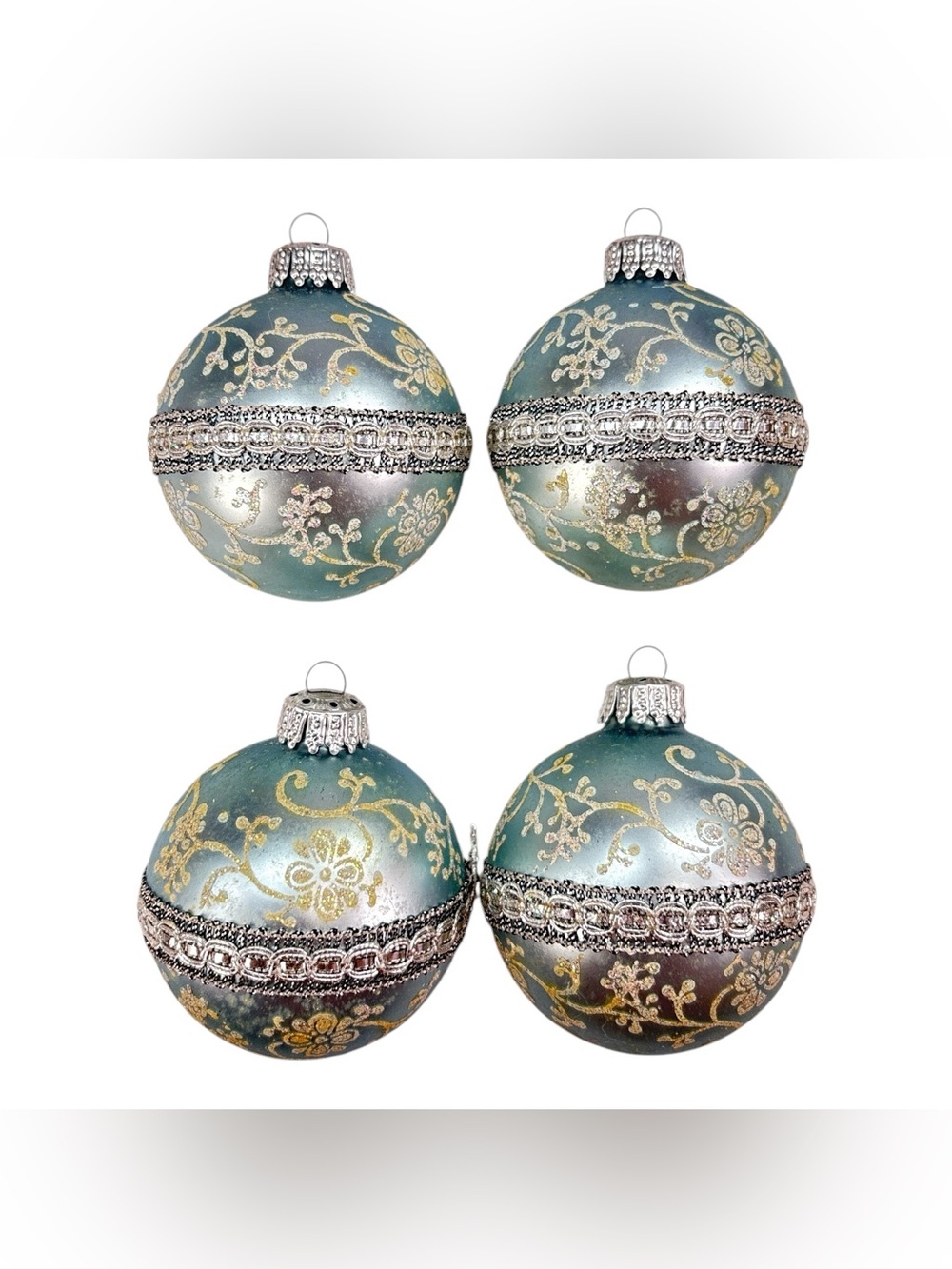 4 Vintage Krebs Glass Christmas Tree Ornament Pale Blue w/Silver Ribbon Stencil